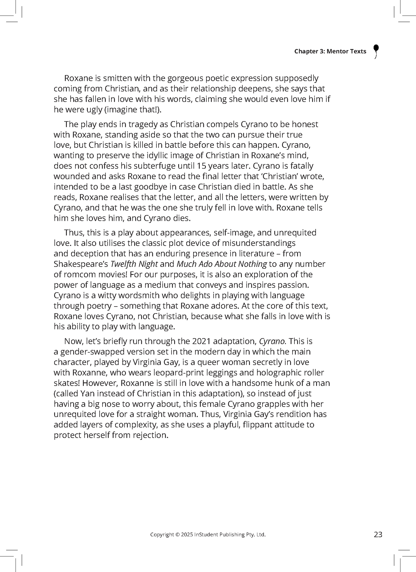 Cropped white page from an English text guide by ATAR Notes, with black text about Cyrano.