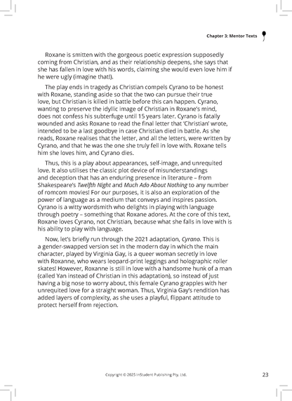 Cropped white page from an English text guide by ATAR Notes, with black text about Cyrano.