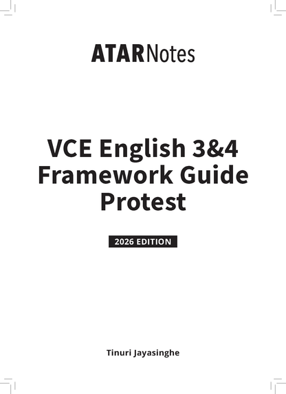 White VCE English 3&4 Frameworks Guide by ATAR Notes, with "Protest (2026 Edition)" and author Tinuri Jayasinghe.