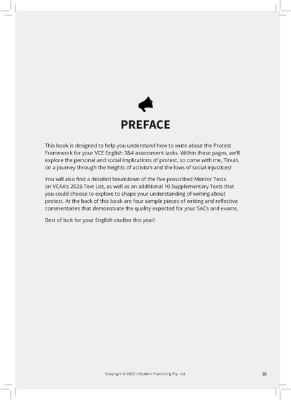 VCE English 3&4 Frameworks Guide, Writing about Protest (2026 Edition), by ATAR Notes, showing the preface page with a black megaphone icon and bold title.