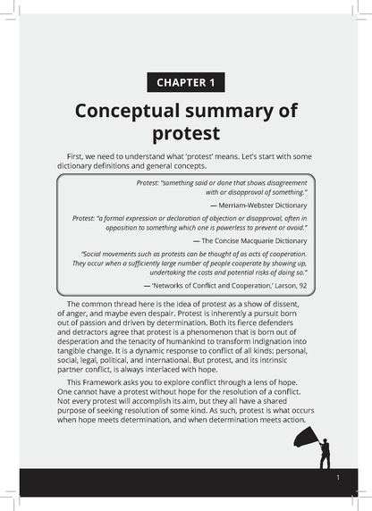 White English frameworks guide by ATAR Notes, open to Chapter 1 detailing protest definitions, with a silhouette of a person holding a flag.
