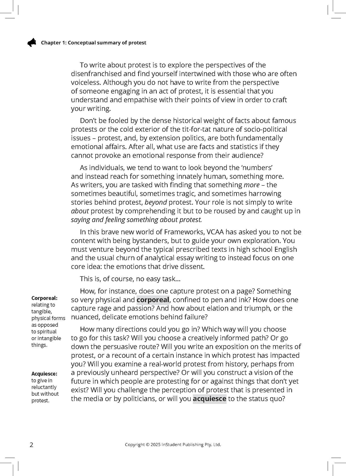 Page from a VCE English Frameworks Guide by ATAR Notes, showing text from the 'Conceptual summary of protest' chapter with highlighted words and definitions.