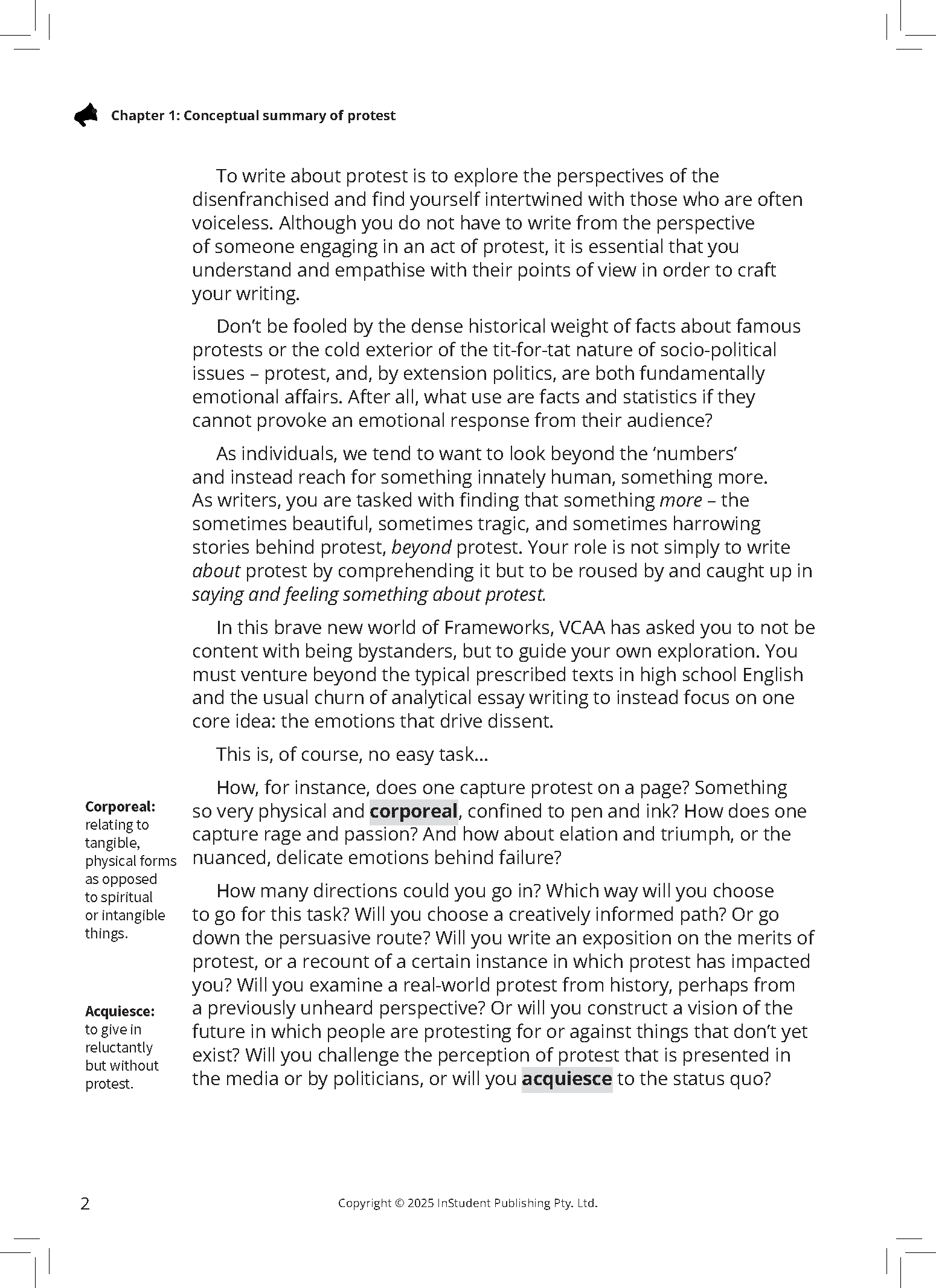 Page from a VCE English Frameworks Guide by ATAR Notes, showing text from the 'Conceptual summary of protest' chapter with highlighted words and definitions.
