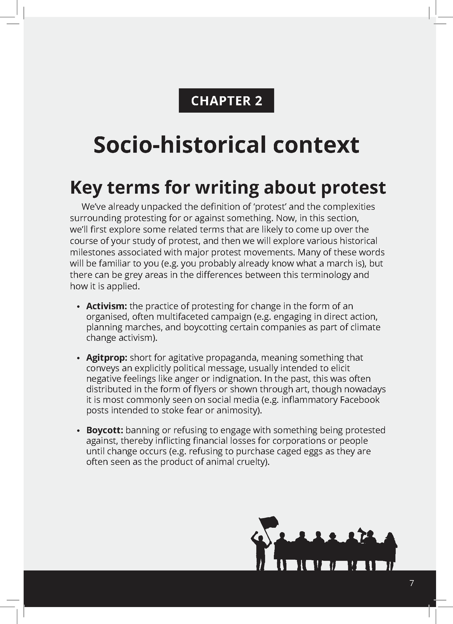 English Frameworks Guide page by ATAR Notes, detailing 'Socio-historical context' and 'Key terms for writing about protest' with a silhouette of protestors.