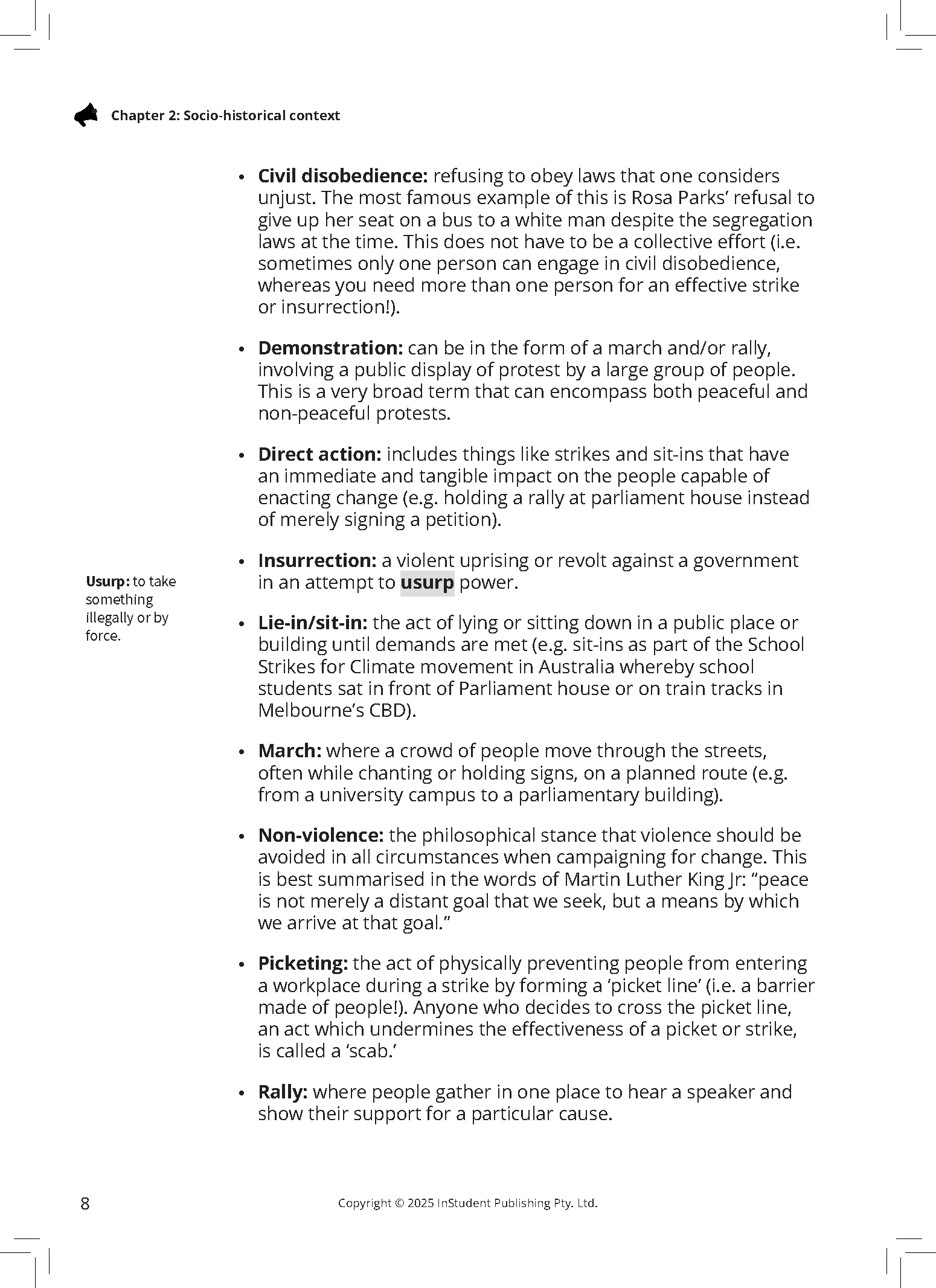 Page from an English text guide by ATAR Notes, detailing definitions of protest-related terms like civil disobedience.