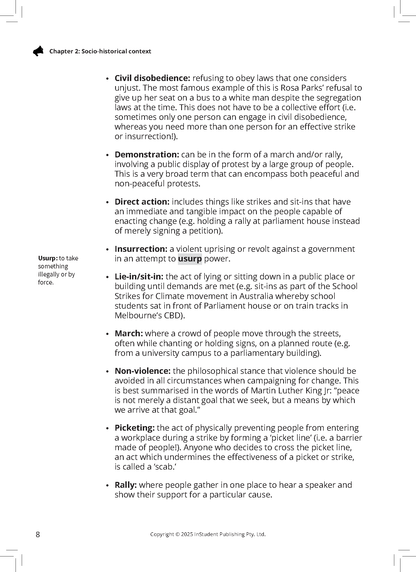 Page from an English text guide by ATAR Notes, detailing definitions of protest-related terms like civil disobedience.