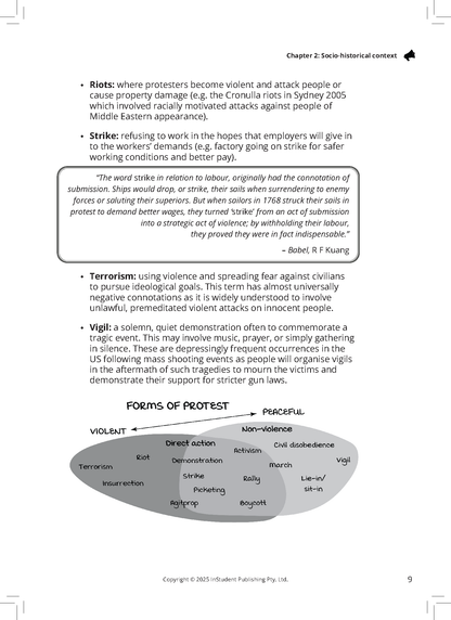 English text guide by ATAR Notes showing types of protest definitions and a violent/peaceful protest diagram.