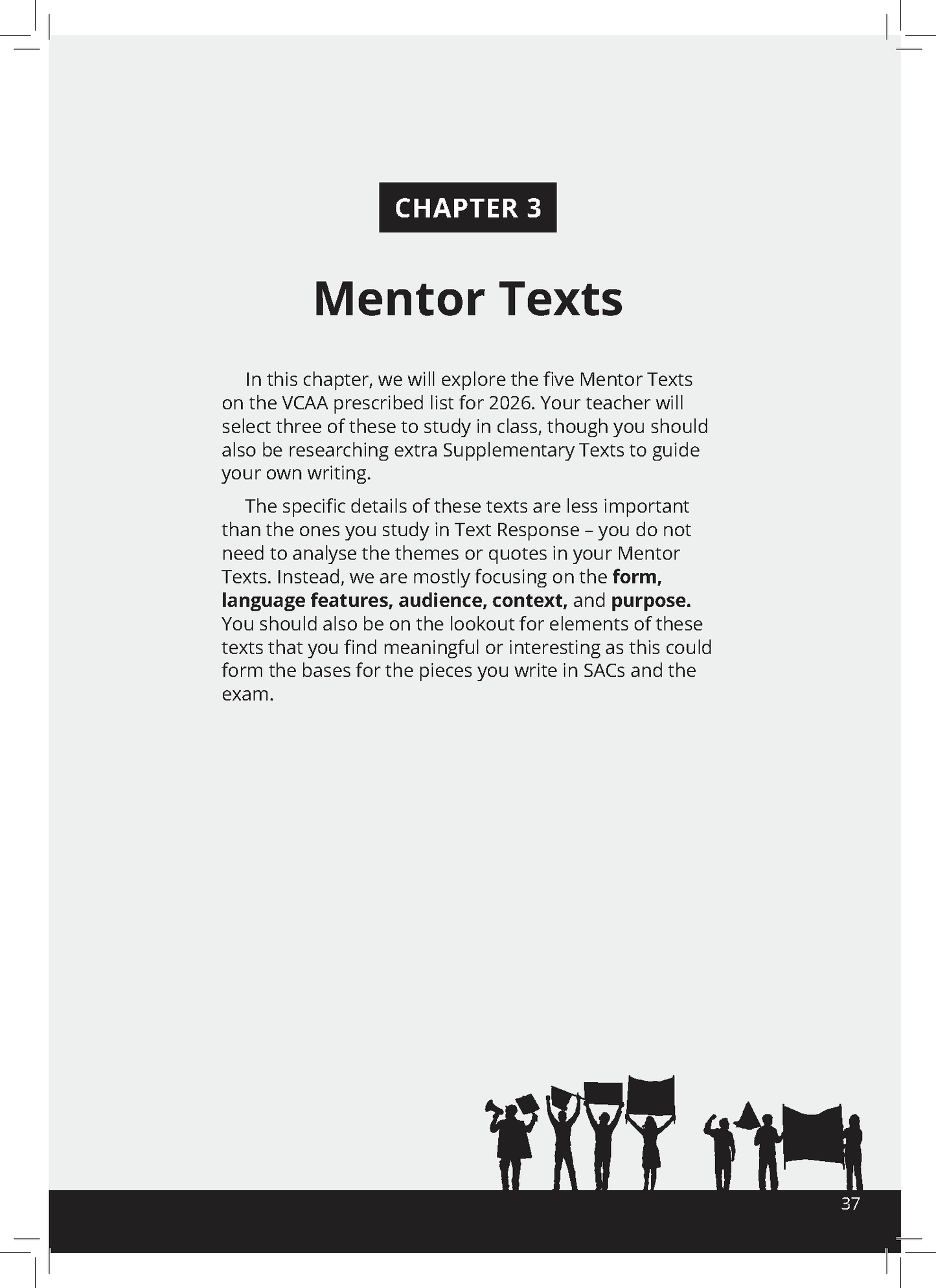 VCE English Frameworks Guide by ATAR Notes, displaying 'Chapter 3 Mentor Texts' and a black silhouette protest illustration.
