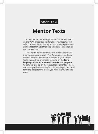 VCE English Frameworks Guide by ATAR Notes, displaying 'Chapter 3 Mentor Texts' and a black silhouette protest illustration.