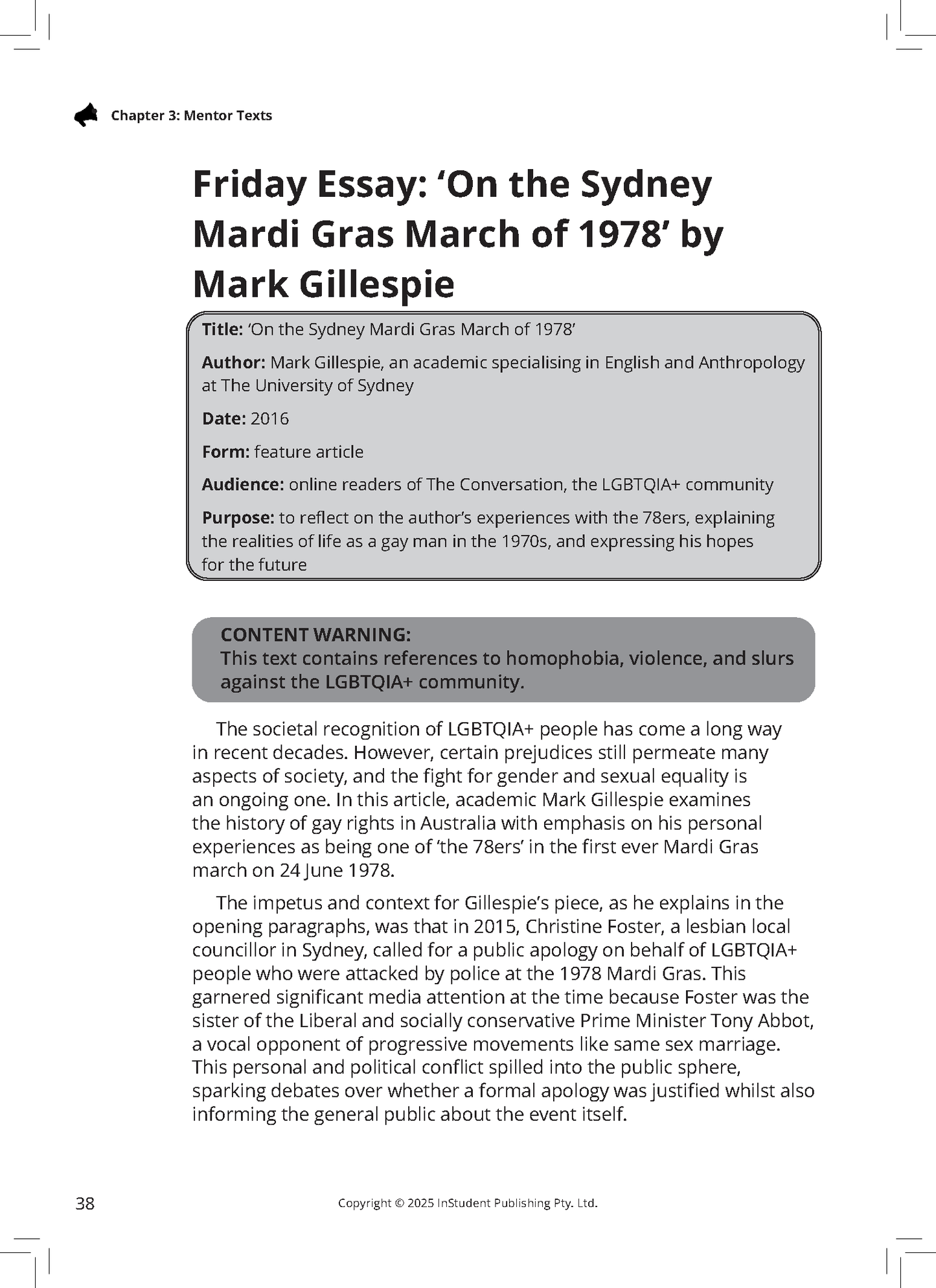English Frameworks Guide page by ATAR Notes, featuring an essay on the Sydney Mardi Gras March of 1978 with summary boxes.