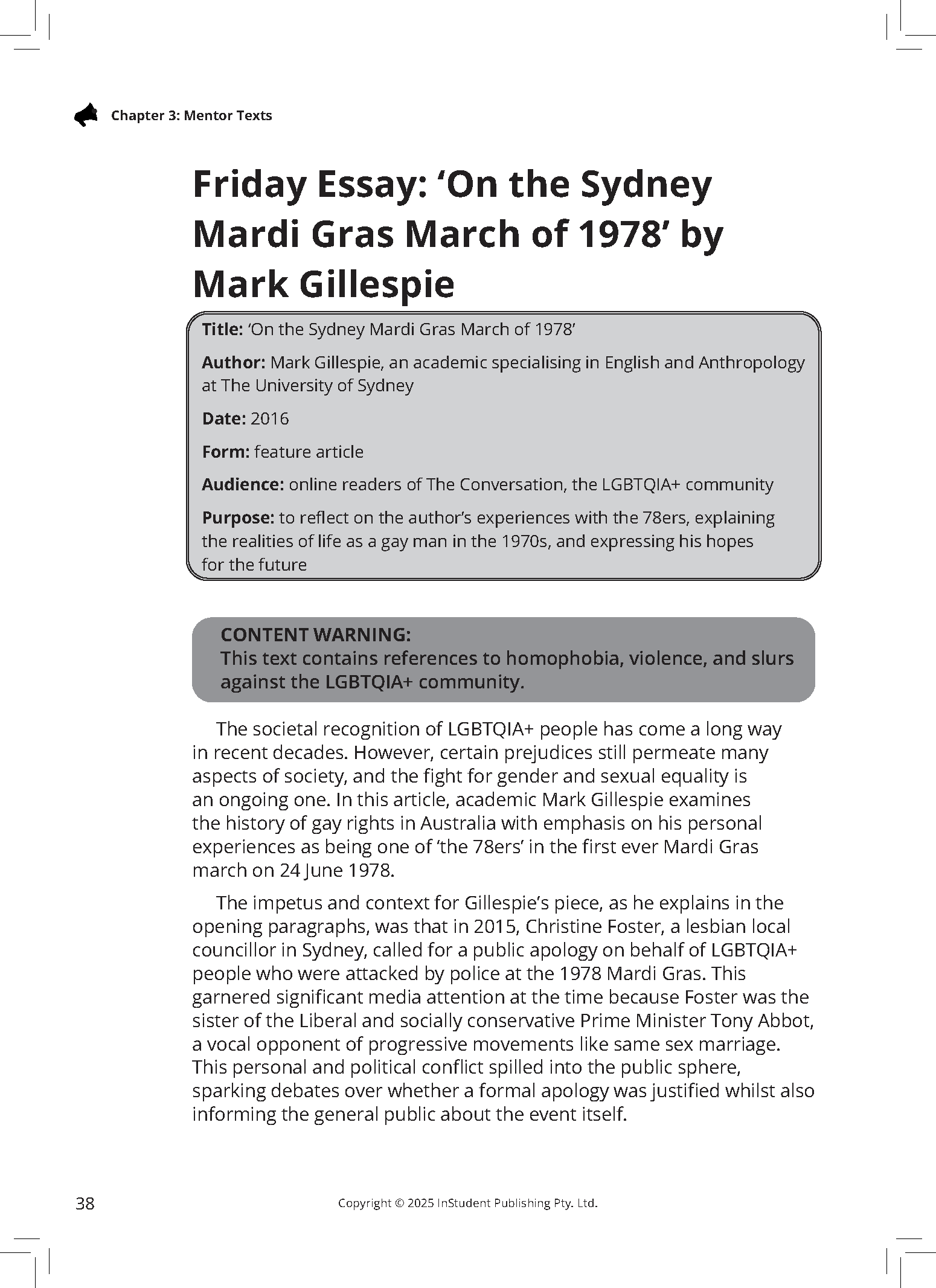 English Frameworks Guide page by ATAR Notes, featuring an essay on the Sydney Mardi Gras March of 1978 with summary boxes.