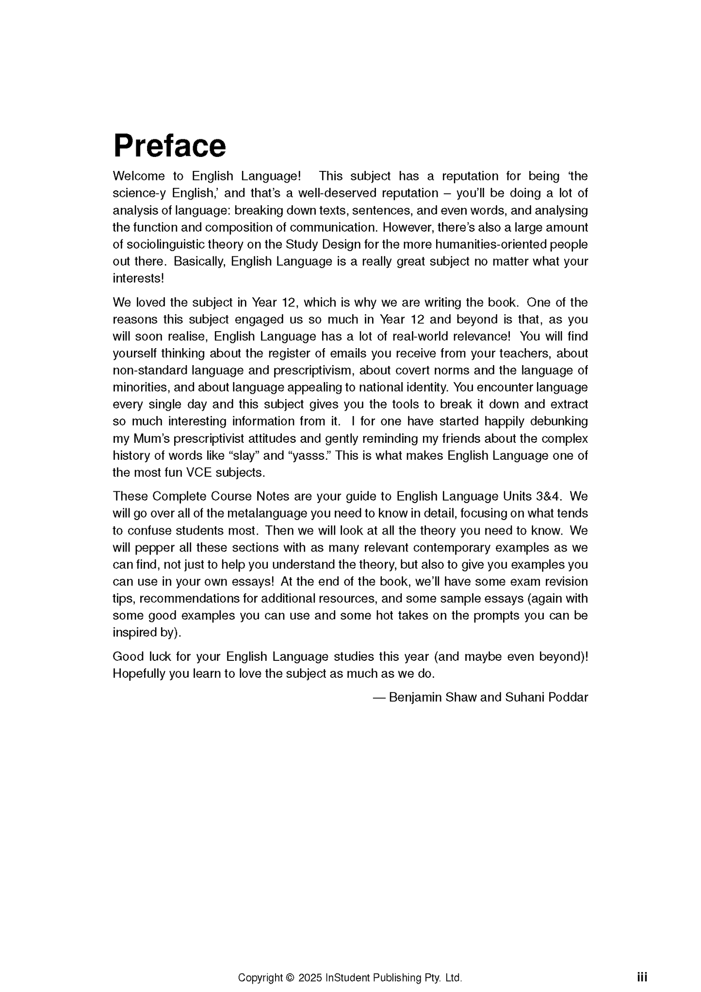 VCE English Language 3&4 Complete Course Notes by ATAR Notes, showing the 'Preface' heading and black text on a white page.