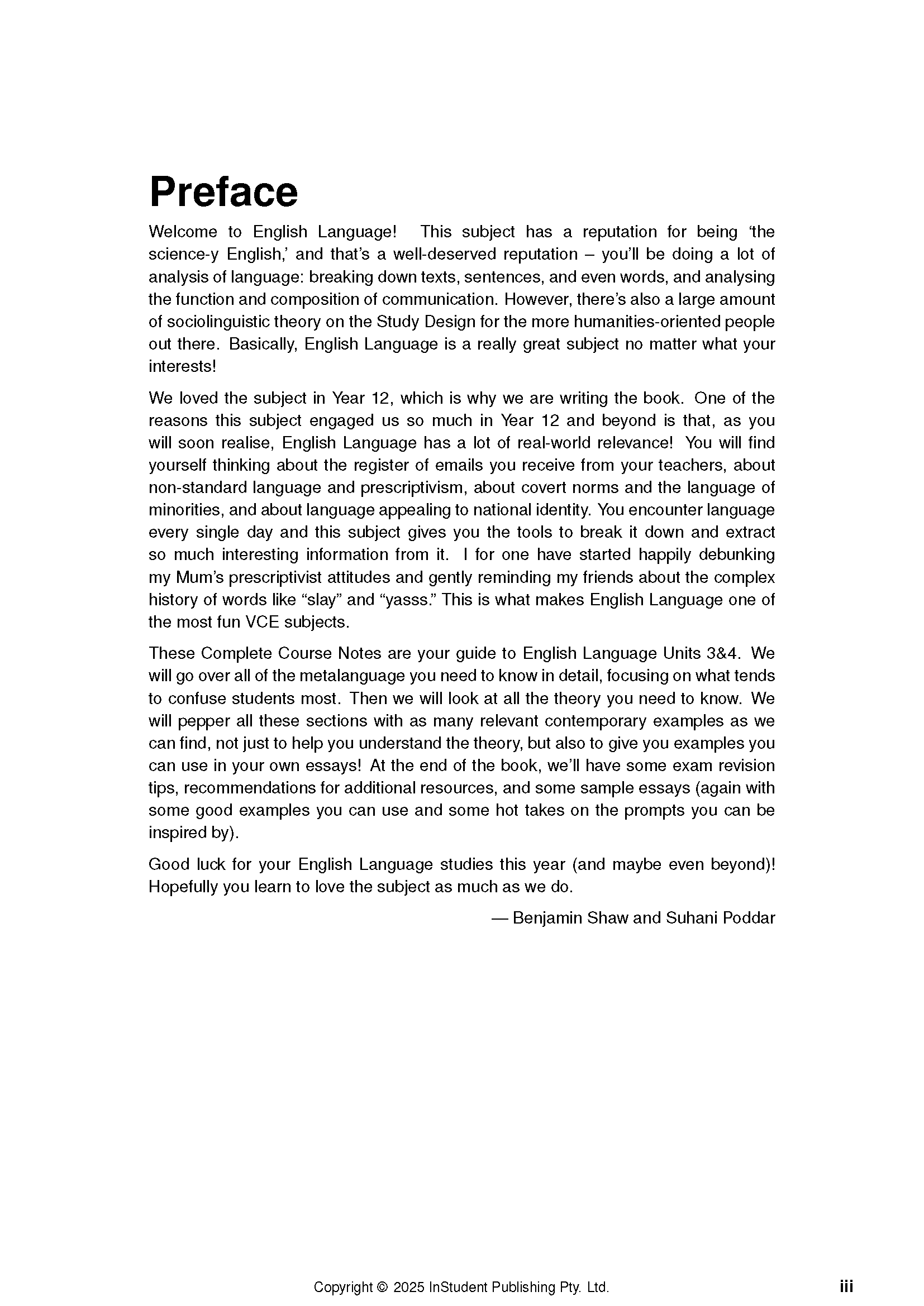 VCE English Language 3&4 Complete Course Notes by ATAR Notes, showing the 'Preface' heading and black text on a white page.