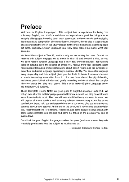 VCE English Language 3&4 Complete Course Notes by ATAR Notes, showing the 'Preface' heading and black text on a white page.
