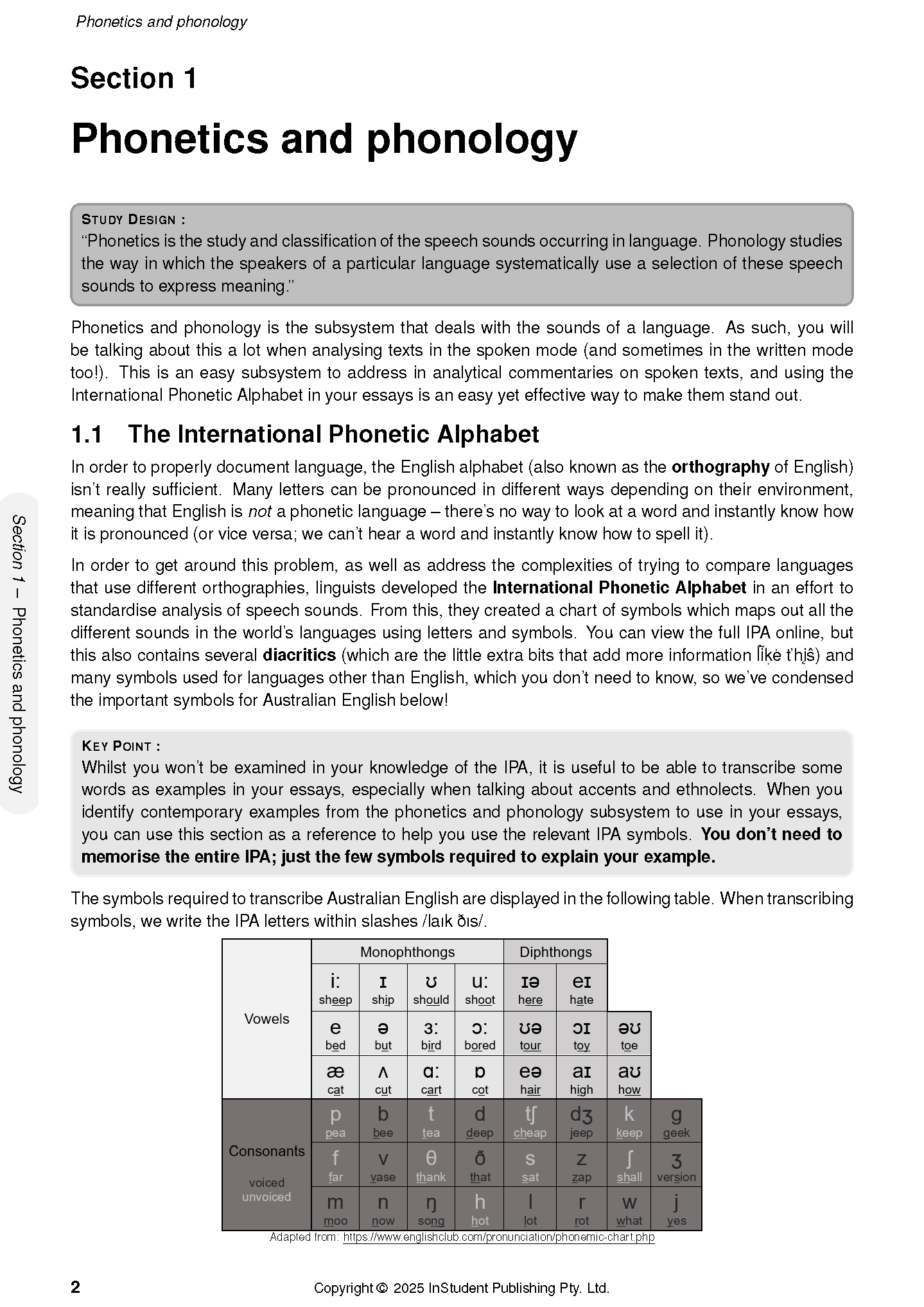 English Language Course Notes by ATAR Notes, displaying a "Phonetics and Phonology" section with an IPA chart.