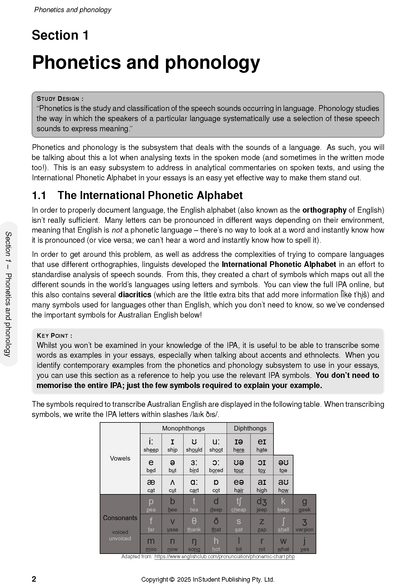 English Language Course Notes by ATAR Notes, displaying a "Phonetics and Phonology" section with an IPA chart.