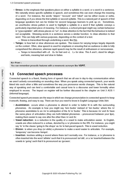 VCE English Language Course Notes by ATAR Notes, a page featuring academic text on connected speech processes.