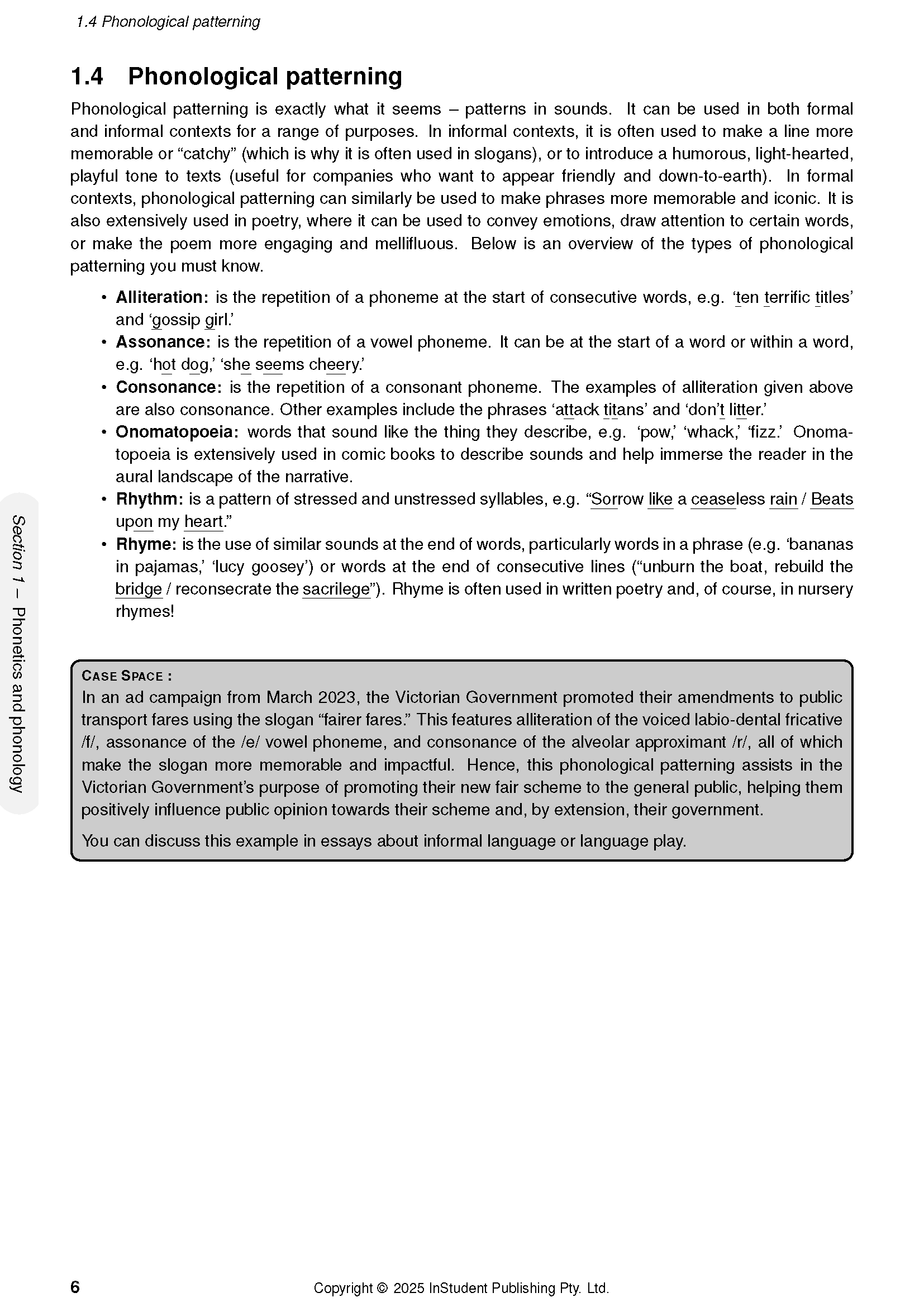 VCE English Language 3&4 Course Notes (2026-2028) by ATAR Notes, displaying a page with definitions of phonological patterning.