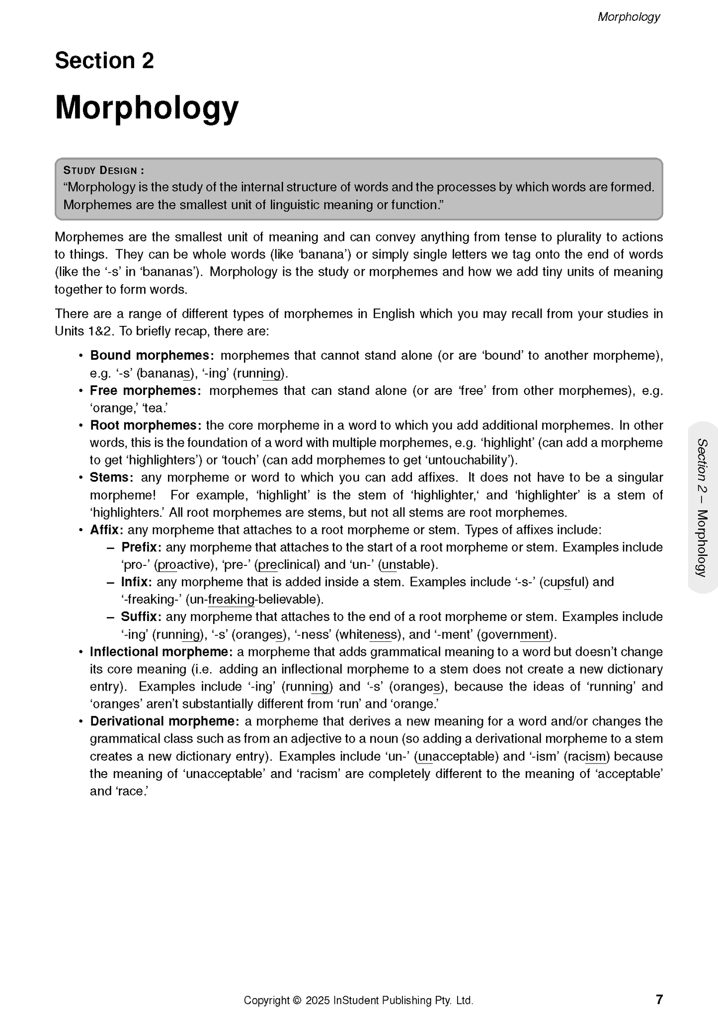 VCE English Language 3&4 course notes by ATAR Notes, a white page displaying Section 2 'Morphology' definitions and examples.