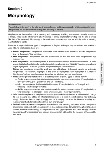 VCE English Language 3&4 course notes by ATAR Notes, a white page displaying Section 2 'Morphology' definitions and examples.