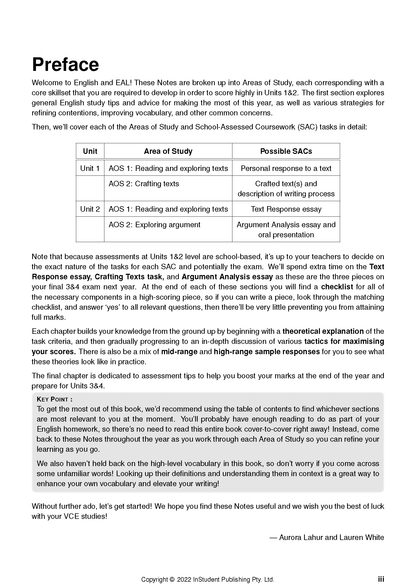 White Course Notes by ATAR Notes, displaying the Preface page with a table and explanatory text.