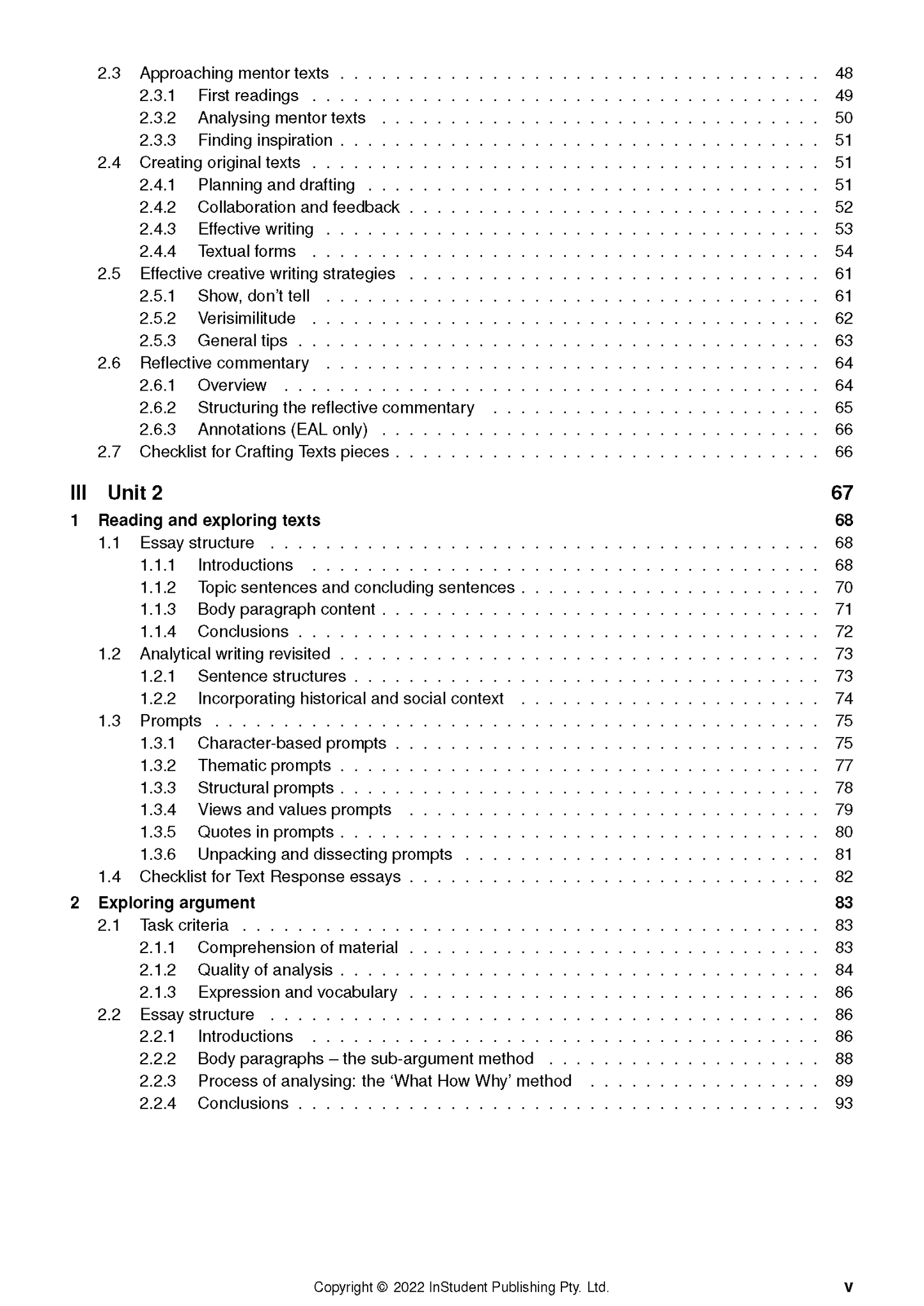 VCE English and EAL Course Notes by ATAR Notes, displaying the table of contents for Units 1 and 2 on white pages with black text.