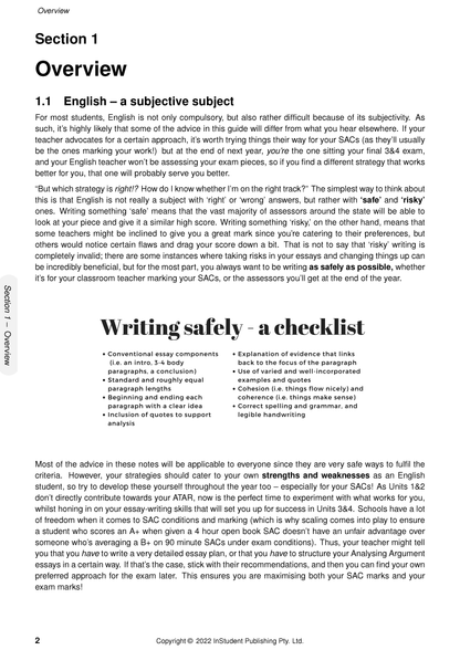Course Notes page by ATAR Notes, displaying Section 1 overview with English subject advice and a writing checklist.