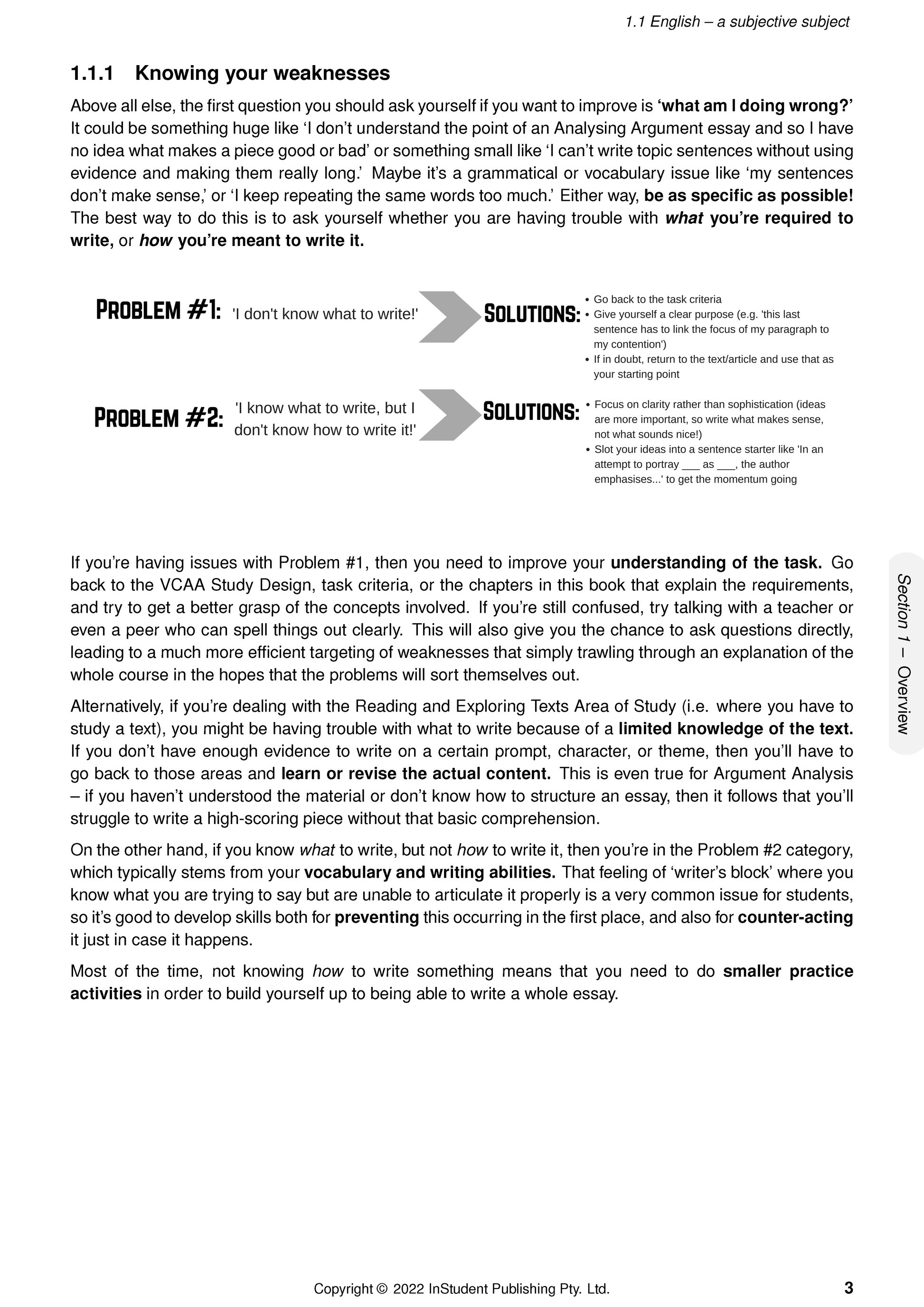 English and EAL 1&2 Course Notes by ATAR Notes, showing a page detailing writing weaknesses, problems, and solutions for essays.