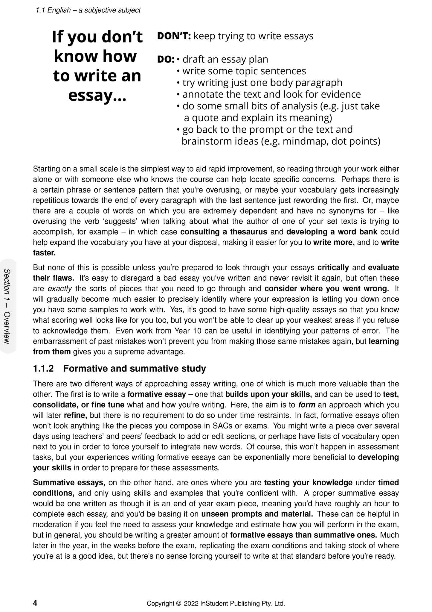 A page from the Course Notes by ATAR Notes, showing essay writing advice, "DON'T:" and "DO:" bullet points, and instructional text.