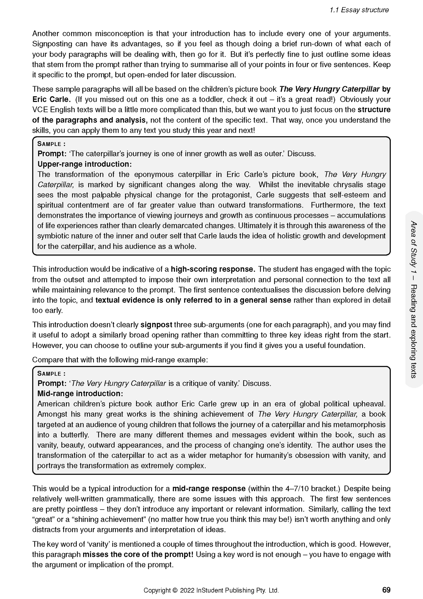A page from VCE English Course Notes by ATAR Notes showing essay structure examples and explanations with page number 69.