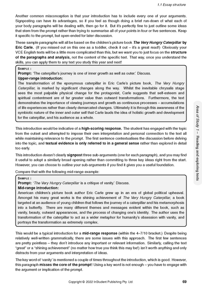 A page from VCE English Course Notes by ATAR Notes showing essay structure examples and explanations with page number 69.