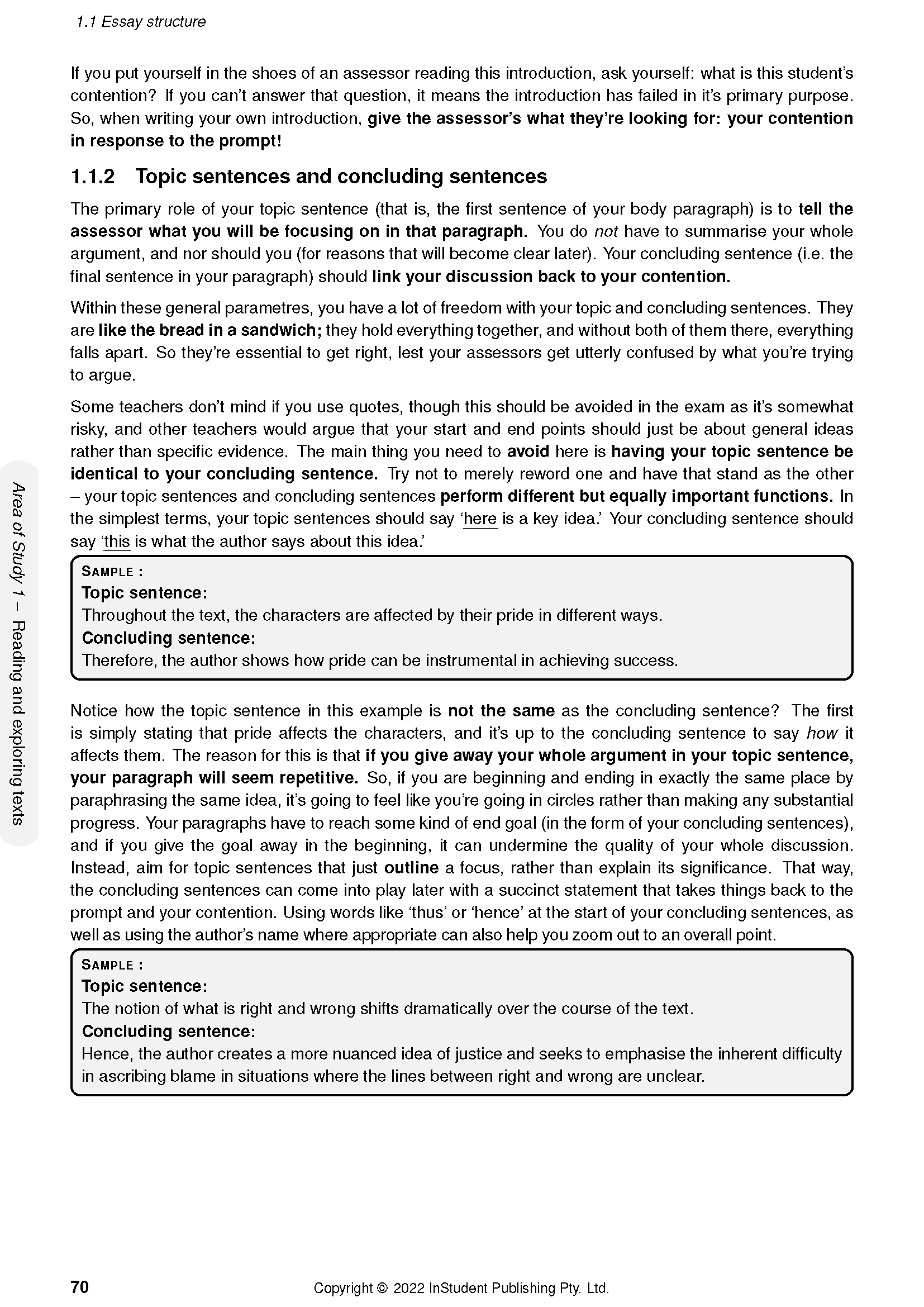White page course notes by ATAR Notes showing sections on essay structure and sample topic/concluding sentences.