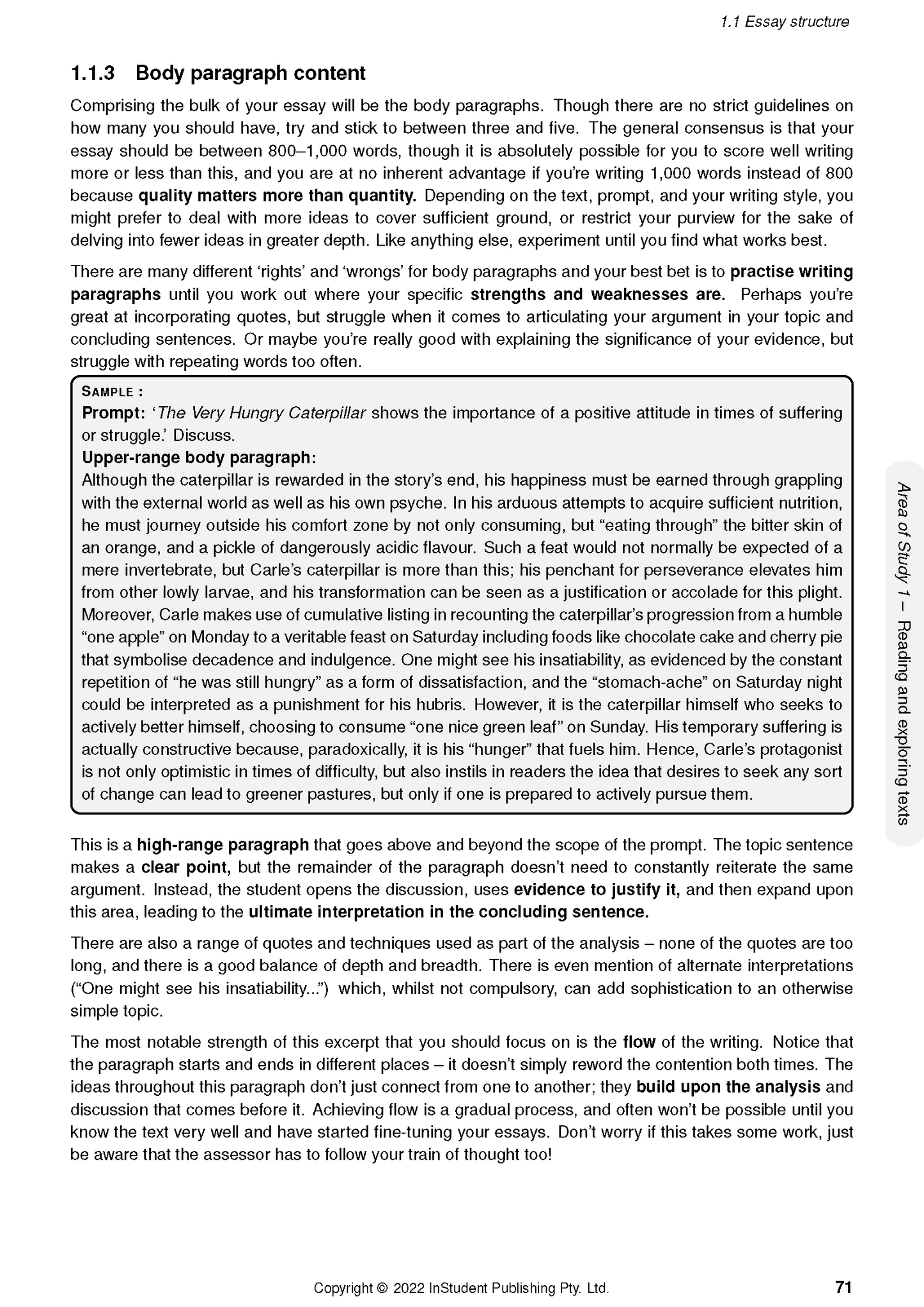 Open page from Complete Course Notes by ATAR Notes with black text discussing body paragraphs and a sample essay, page 71 visible.