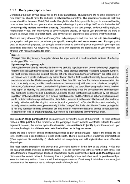 Open page from Complete Course Notes by ATAR Notes with black text discussing body paragraphs and a sample essay, page 71 visible.
