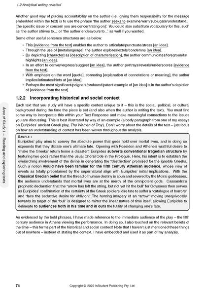 White VCE English and EAL Course Notes by ATAR Notes, detailing analytical writing and historical context with a sample text.