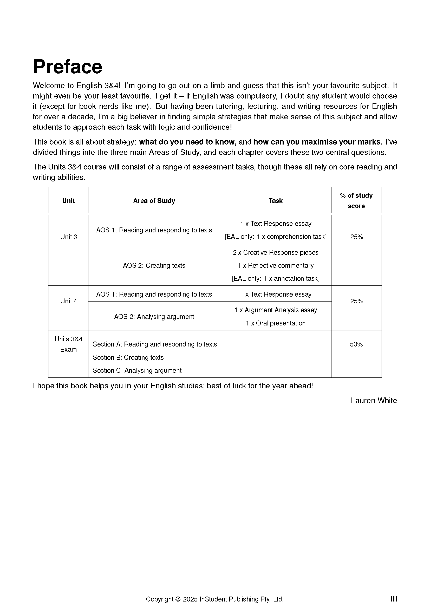 Course Notes by ATAR Notes, a white page showing the "Preface" section with a detailed table of study units, tasks, and scores.