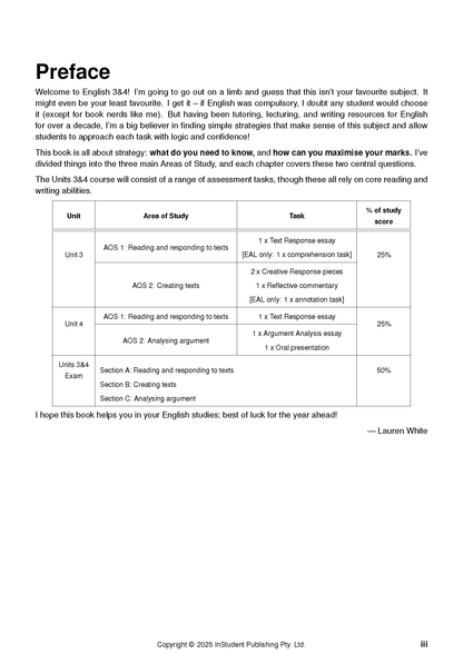 Course Notes by ATAR Notes, a white page showing the "Preface" section with a detailed table of study units, tasks, and scores.