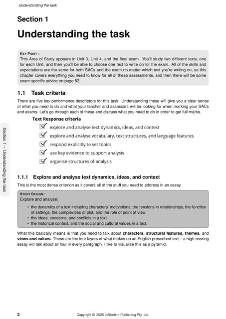 White course notes by ATAR Notes, an educational document displaying task criteria, text response criteria, and study design.