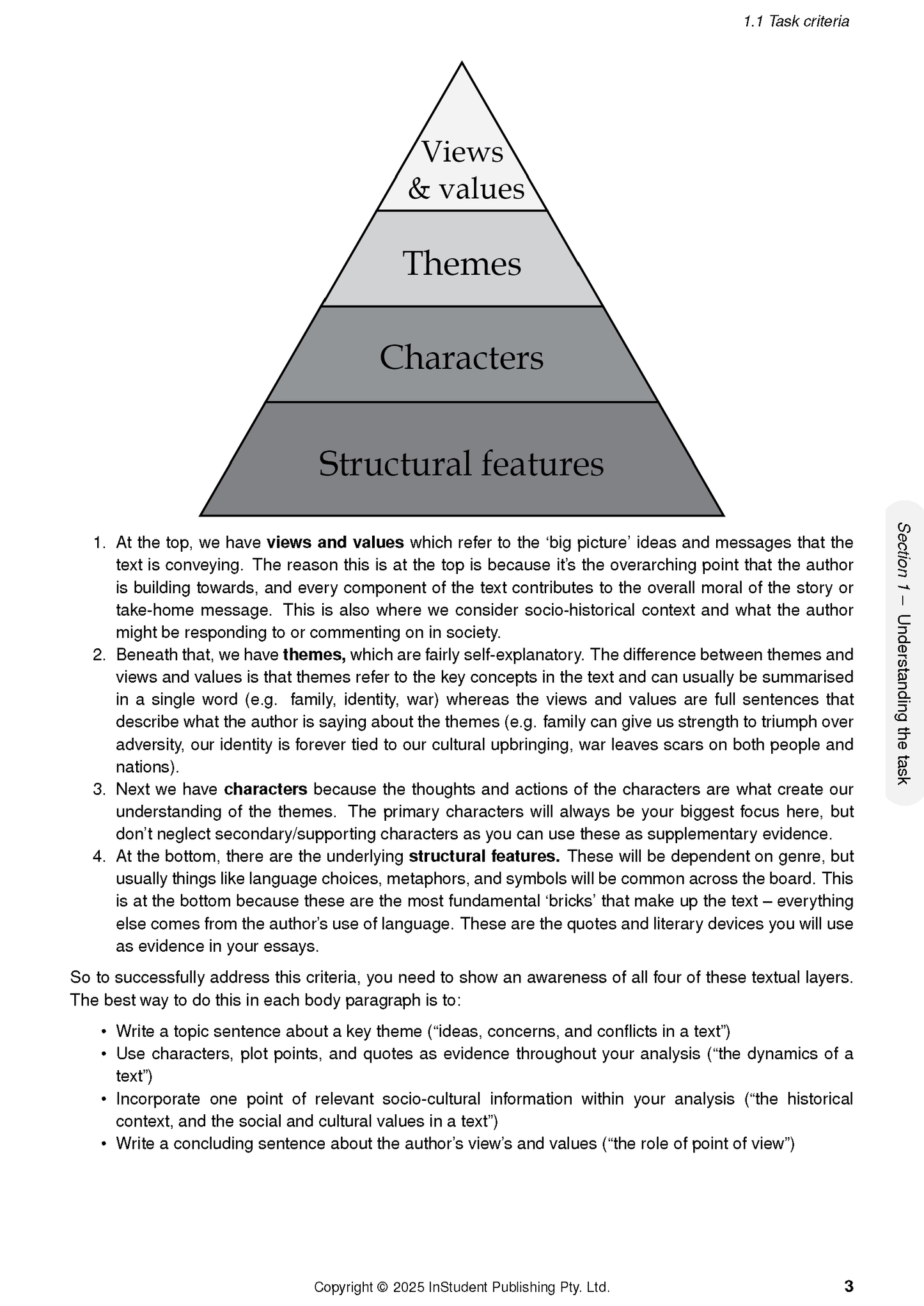VCE English and EAL 3&4 Complete Course Notes by ATAR Notes, featuring a pyramid diagram on textual analysis with layers for views, themes, characters, and structural features.
