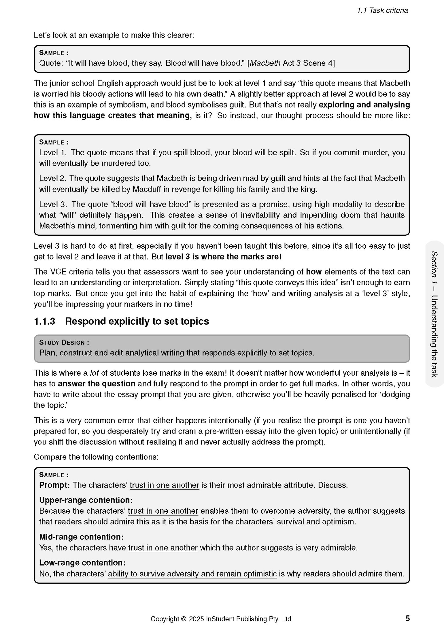 White page of Course Notes by ATAR Notes, showing English task criteria with levels of analysis and sample essay prompts.