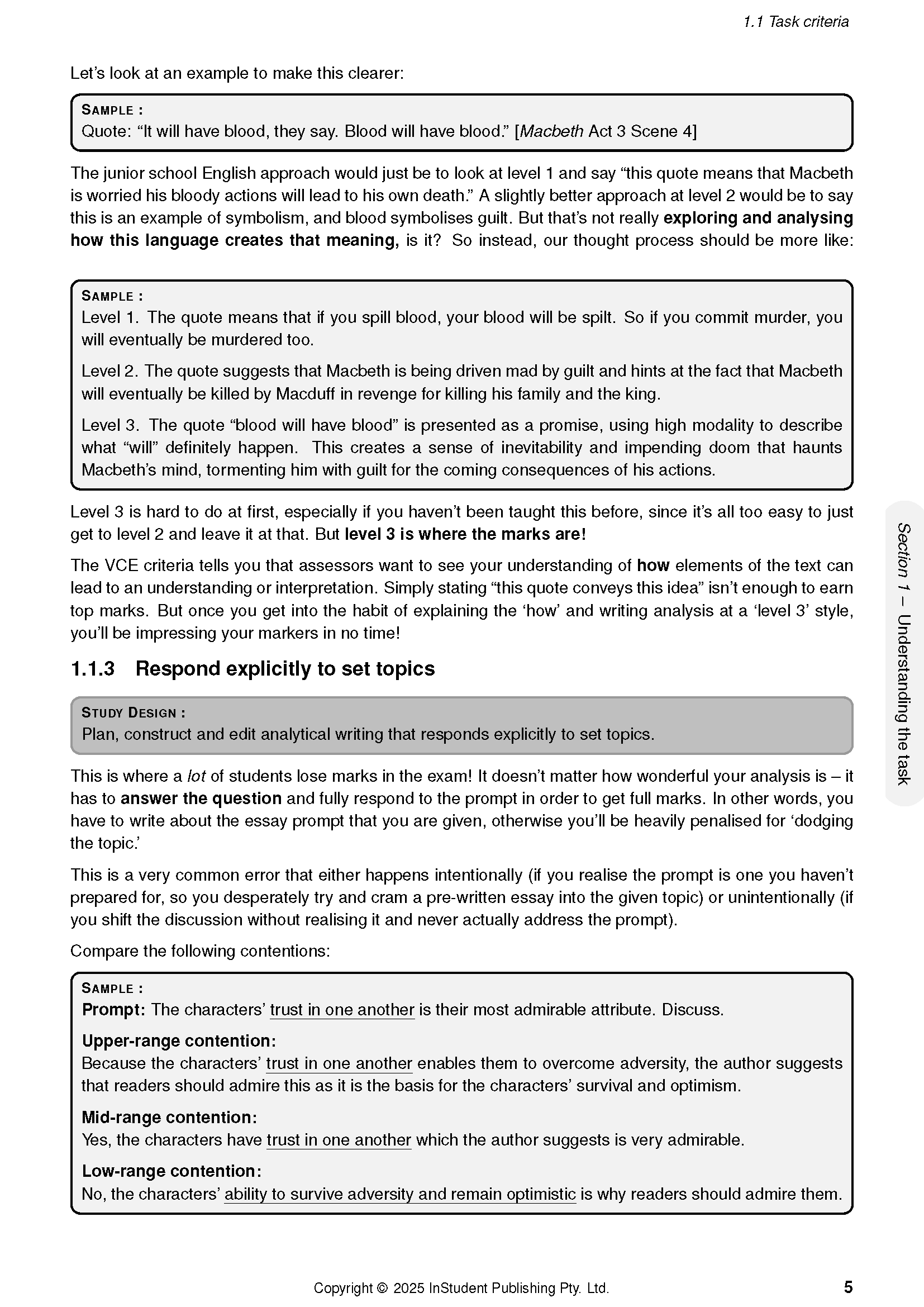 White page of Course Notes by ATAR Notes, showing English task criteria with levels of analysis and sample essay prompts.