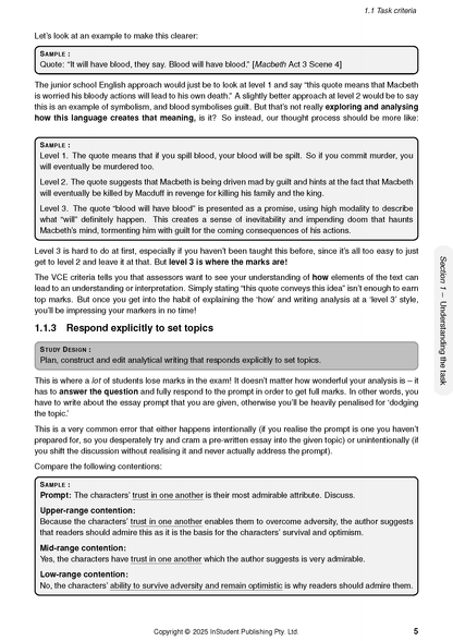 White page of Course Notes by ATAR Notes, showing English task criteria with levels of analysis and sample essay prompts.