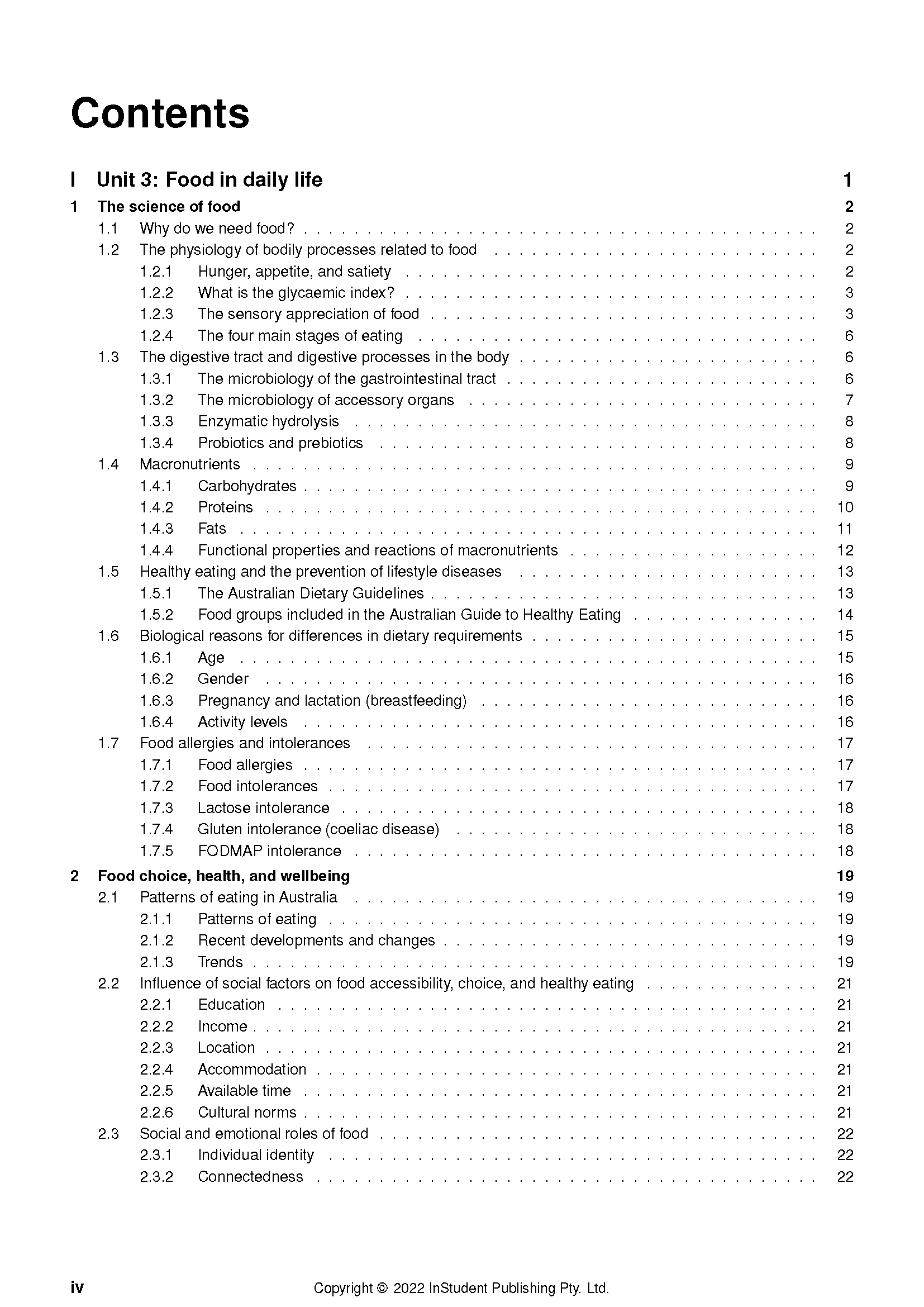 VCE Food Studies course notes by ATAR Notes, table of contents page with black text and page numbers on white background.
