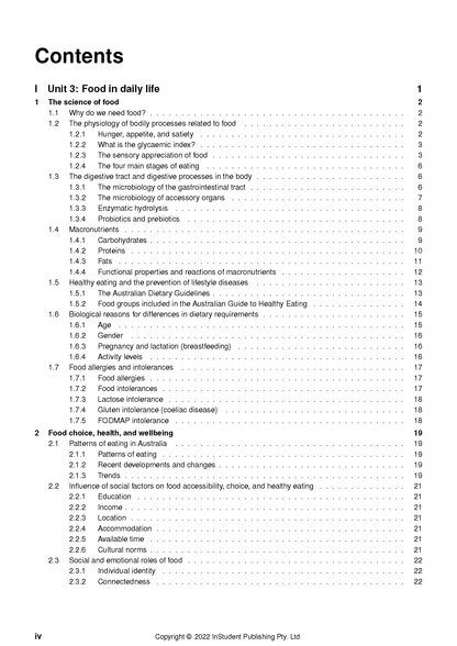 VCE Food Studies course notes by ATAR Notes, table of contents page with black text and page numbers on white background.