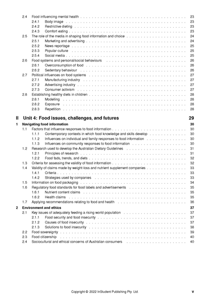 Food Studies Course Notes by ATAR Notes VCE showing a table of contents page with food issues and ethics topics.