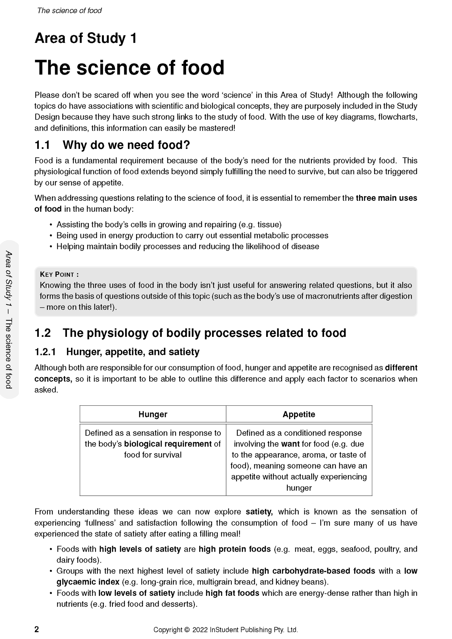 White course notes page by ATAR Notes detailing food science, hunger, appetite, and satiety, featuring a comparative table.