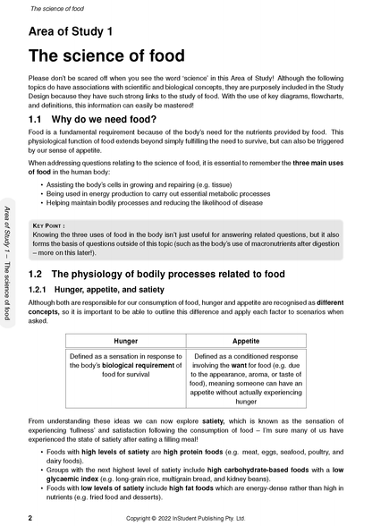 White course notes page by ATAR Notes detailing food science, hunger, appetite, and satiety, featuring a comparative table.