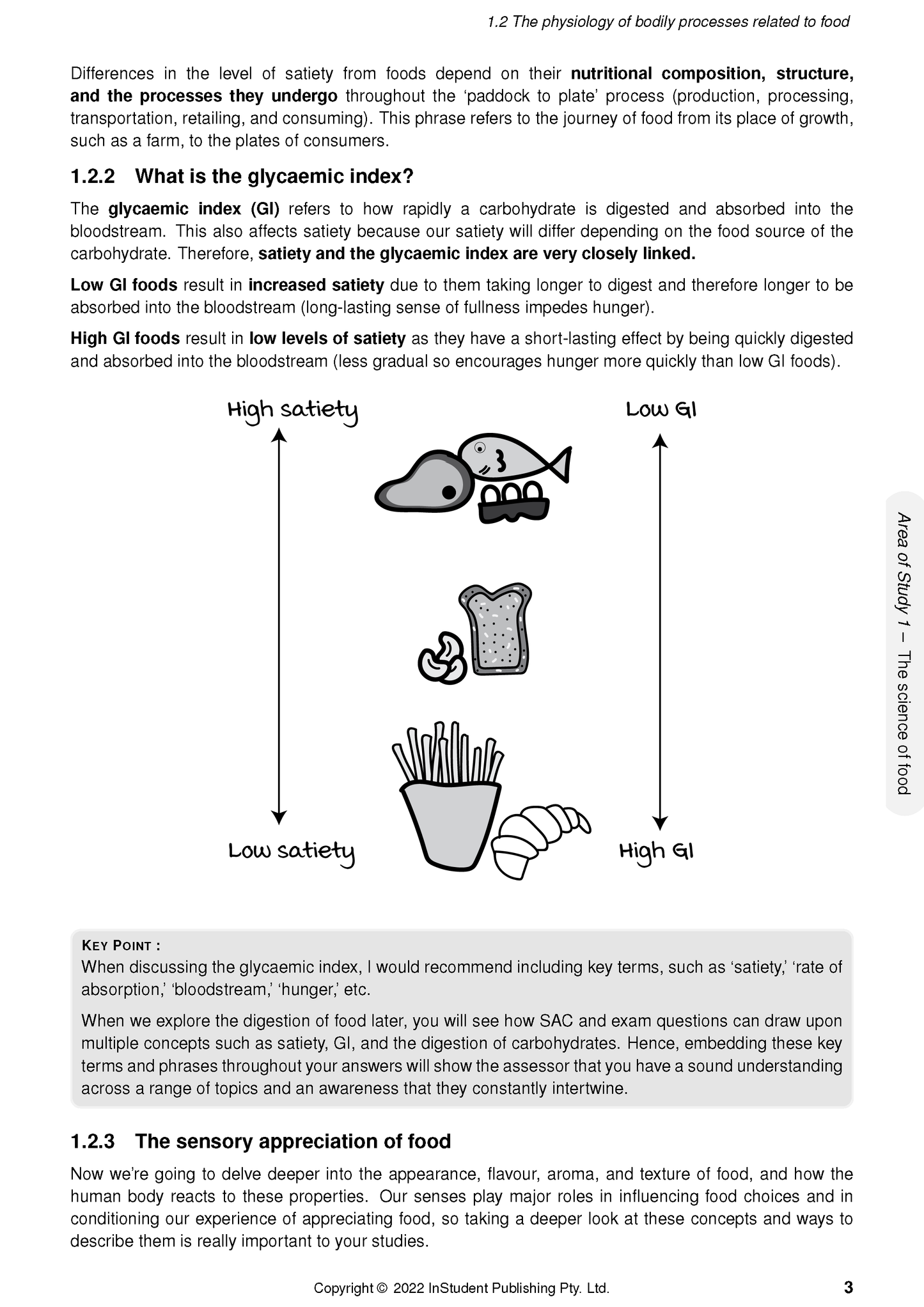 Course Notes by ATAR Notes, a white page with black text and a diagram showing food items categorized by glycaemic index.