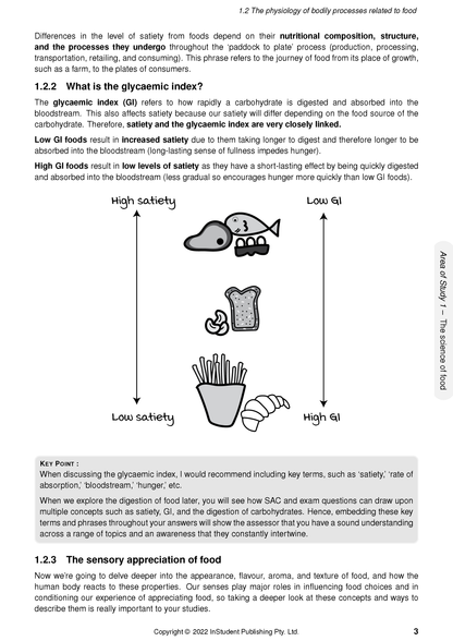 Course Notes by ATAR Notes, a white page with black text and a diagram showing food items categorized by glycaemic index.