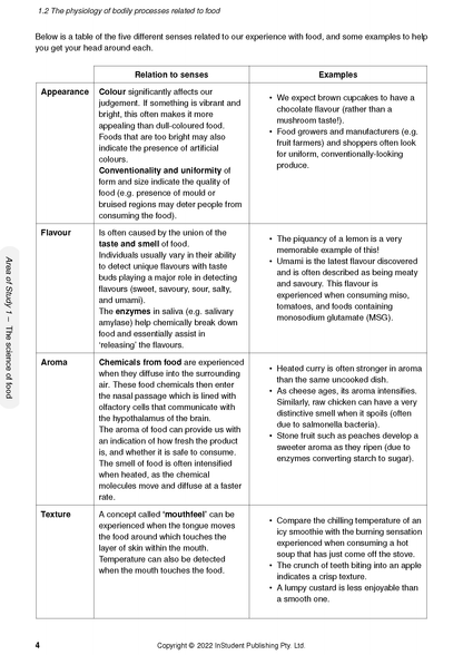 Printed page of course notes by ATAR Notes, displaying a table on the physiology of bodily processes related to food.